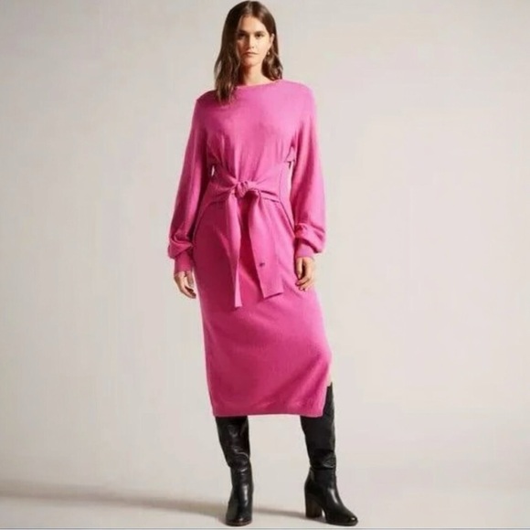 Ted Baker Dresses & Skirts - Ted Baker ESSYA Slouchy Tie Front Midi Sweater Dress Brit Pink New With Tags